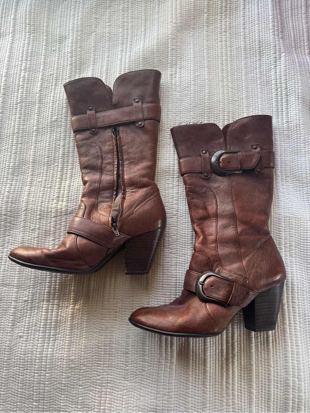 Born Brown Leather Mid-Calf Heeled Boots with Buckle